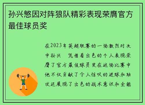 孙兴慜因对阵狼队精彩表现荣膺官方最佳球员奖